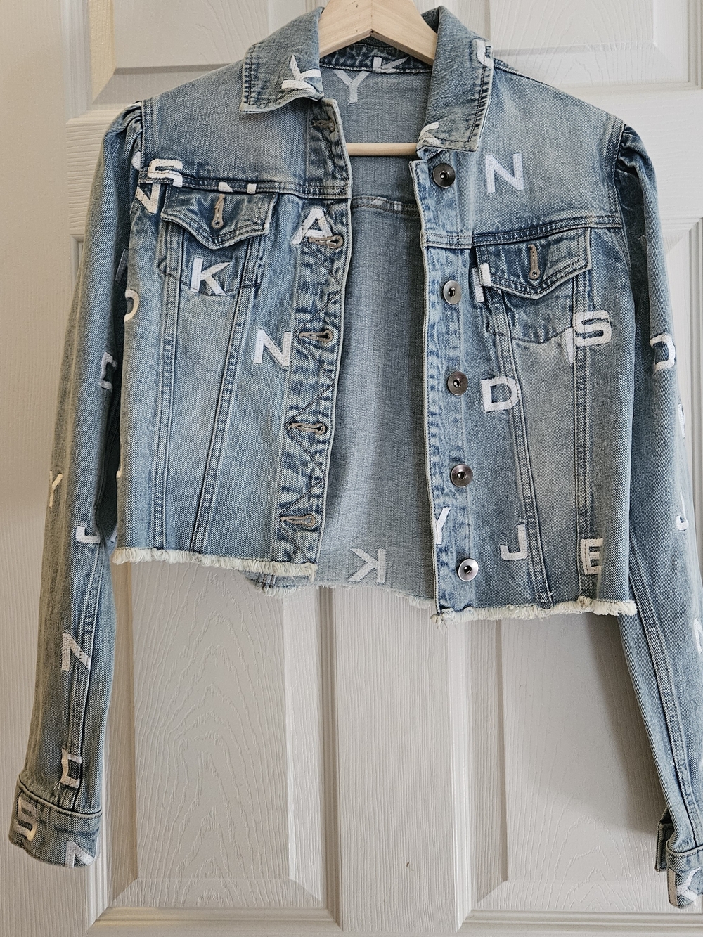 RARE DKNY Allover Logo Cropped Denim Jacket - Factory Wash Sample Prototype
